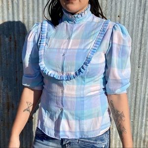Vintage 70s Worths pastel plaid puff sleeve button up top